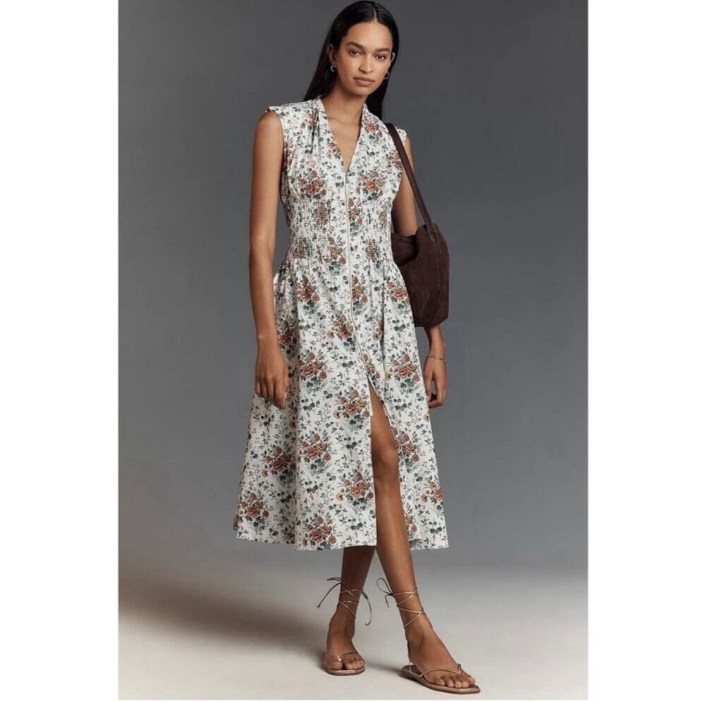 Anthropologie Dress Pockets XL The Tommie Floral Cotton V-Neck Zip Front Ivory